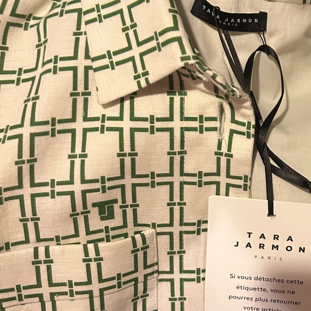 Tara Jarmon Christine Woven Chain Link Logo Pattern Collar Button Front Top - Picture 13 of 14